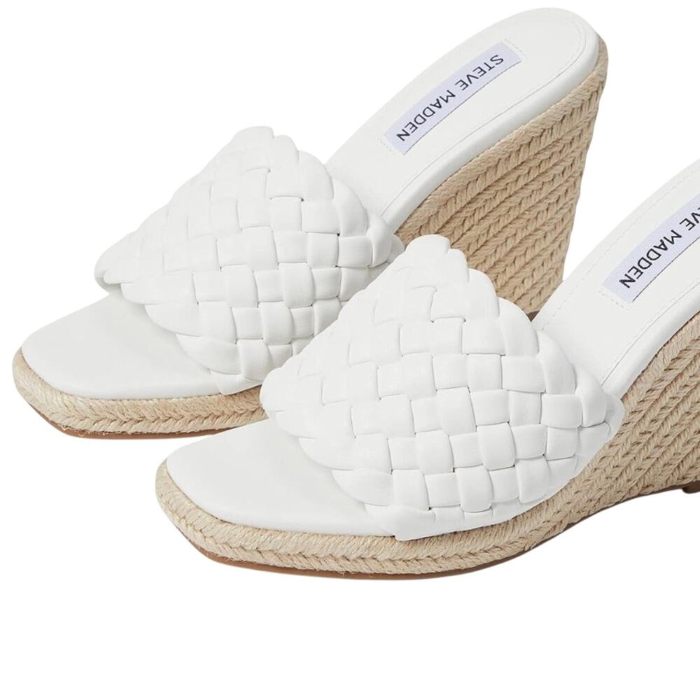 Steve Madden Women’s Wedge Mule Open Toe Sandals Udele White Woven New Size 7.5